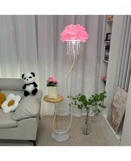 Cream style crystal feather sofa, floor lamp next to living room, coffee table, bedroom bedside standing desk lamp