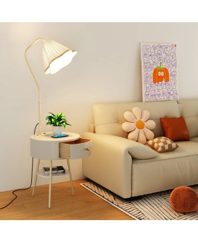 Flower floor lamp, living room bedroom, creamy atmosphere, high-end aesthetic design, sensory storage, bedside table, integrated desk lamp