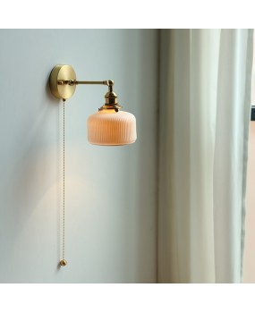 Bedroom wall lamp, bedside, living room, study, Japanese style internet celebrity, creative personality, ceramic, all copper, rotatable with switch pull rope
