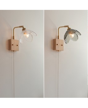 Bed lamp, wall lamp, bedroom rocker arm, Japanese art glass background wall, simple wooden decoration with built-in switch and pull rope