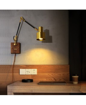 Full copper cover retro bedroom bedside lamp Nordic with switch walnut rocker arm no wiring creative personalized wall lamp